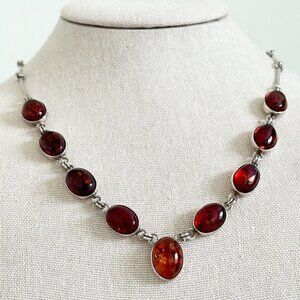 Vintage 925 Sterling Silver Genuine Baltic Amber Chain Link Statement Necklace